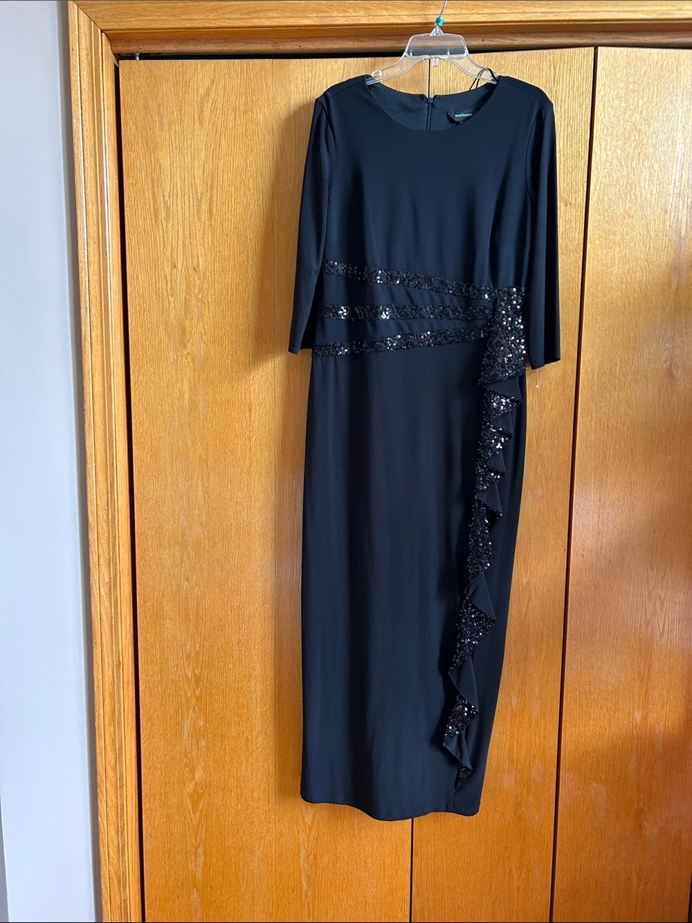 R & M Richards Black Long Sleeve Sequin-Trim Midi Dress